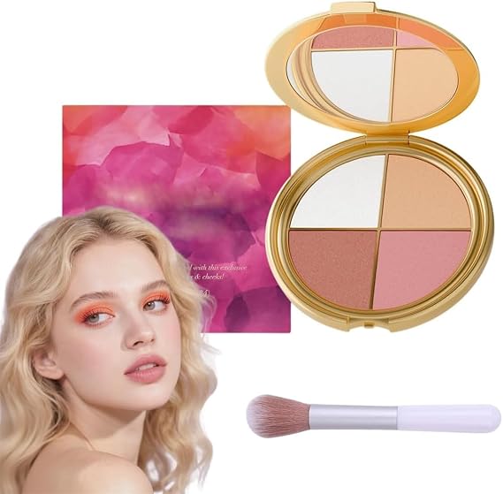 Glowjiu Glow Highlighting Eye & Cheek Palette, Metallic Shimmer Eye & Cheek Palette, Eyeshadow And Highlighter Makeup, 4-In-1 Highlight Shades Makeup for Blush,for All Skin Types (1Set)