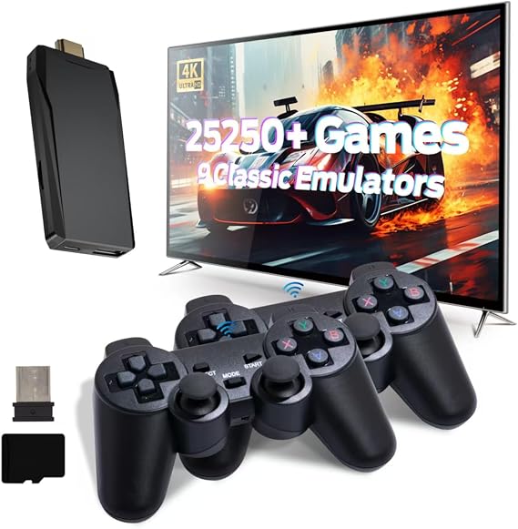Wireless Retro Game Console, Retro Gaming Console with Built-in 9 Emulators, 25250+Games, 4K HDMI Output, Dual 2.4GHz Wireless Controller, Plug and Play Video Game Console (Deep Black)