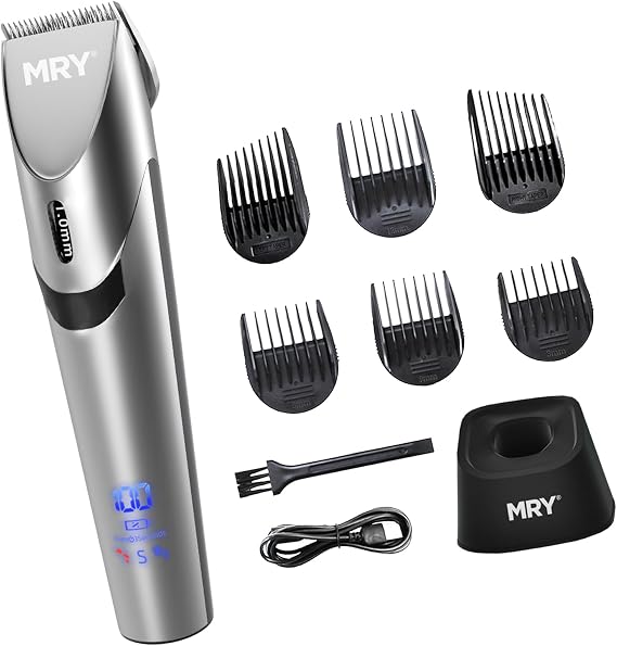 MRY Cordless Hair Clippers for Barber Clippers Professional Waterproof LCD Hair Clippers Stainless Steel Blade USB Rechargeable for Men Women Hair Cutting (Silver Color)