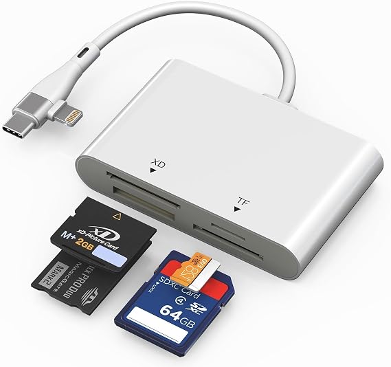xD Picture Card Reader, 4-in-1 SD/MicroSD(TF)/MS/xD Memory Card Reader with Lightening & USB-C, Up to 480Mbps, Supports up to 2TB Plug and Play for iPhone 17/16/15/14, iPad, Android, Digital Camera