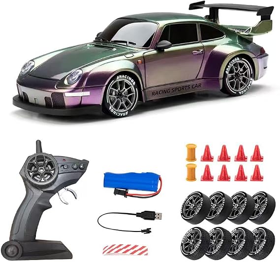 RC Drift Car, 1:24 Scale Remote Control Vehicle with LED Lights, 2.4GHz 4WD High Speed RC Cars, Drifting Tires＆Two Speed Modes, Racing Sports Toy Gift for Adults Boys Girls (Colorful)