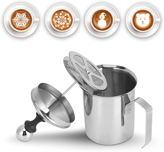 Manual Milk Frother, 14oz/400ml Stainless Steel Milk Foam Maker with Double Mesh Screen Handheld Frothing Pitcher Foamer for Coffee, Latte, Cappuccino, Frappe, Matcha, Hot Chocolate