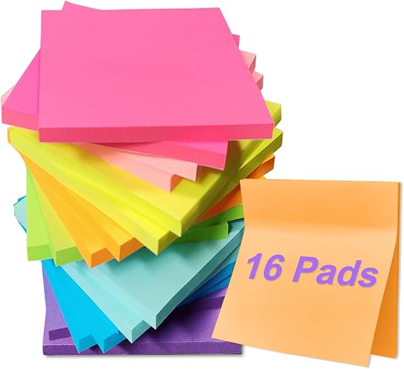 16 Pads Sticky Notes 3x3 Inches, Bright Colors Self-Stick Pads, Sticky Note Pads, Easy to Stick for Home, Office, Notebook