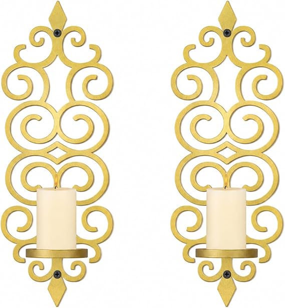 OYEFLY Wall Candle Holder Set of 2 Metal Wall Candle Sconces for Living Room Bedroom Dining Room Botanical Iris Inspired Decor Gold Metal 5.35 x 3.15 x 14.57 Inch (Gold)