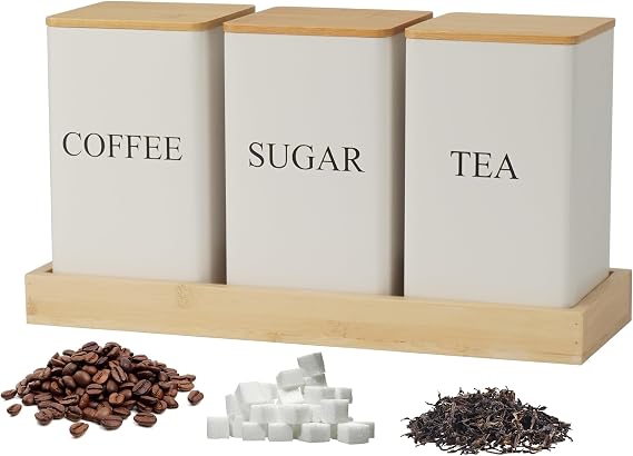 3Pcs Coffee Tea Sugar Container Set, White Iron Storage Tin with Bamboo Lid and Tray, Square Airtight Food Container Jars for Farmhouse Kitchen Dining Room Countertop Decor