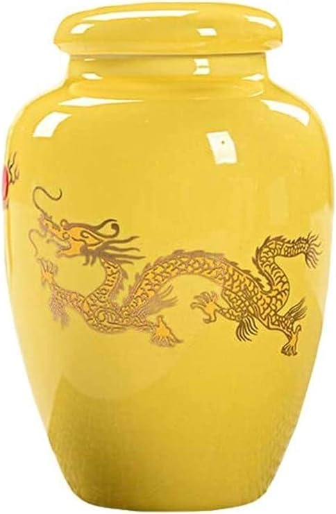 Cremation Urns for Adult Ashes Funeral, Burial, Small Human and Pets Ceramic Cremation Urns,Memorial Funeral Urn,Three Color Dragon Pattern Forever Love and Accompany (Color : Yellow)