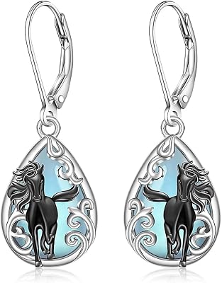 Horse Earrings Moonstone Filigree Black Horse Earrings for Women Sterling Silver Cute Animal Leverback Dangle Jewelry Christmas Valentines Mothers Day Gifts