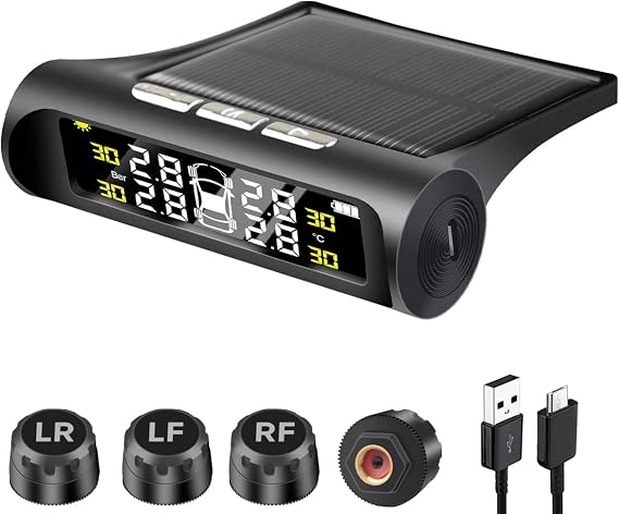 Tire Pressure Monitoring System, Tire Pressure Monitor with Solar and USB Charge, TPMS with 4 Sensors & 6 Alarm Modes, Real Time Pressure and Temperature Auto Safety Monitor for Truck Rv Trailer Car
