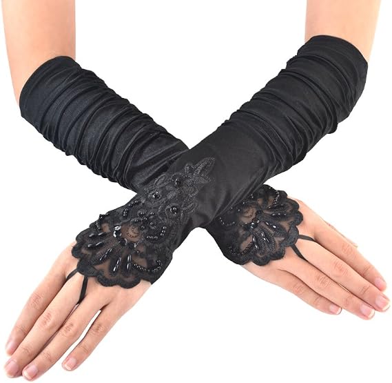JISEN Women 20s Fingerless Satin gloves with Finger Loops
