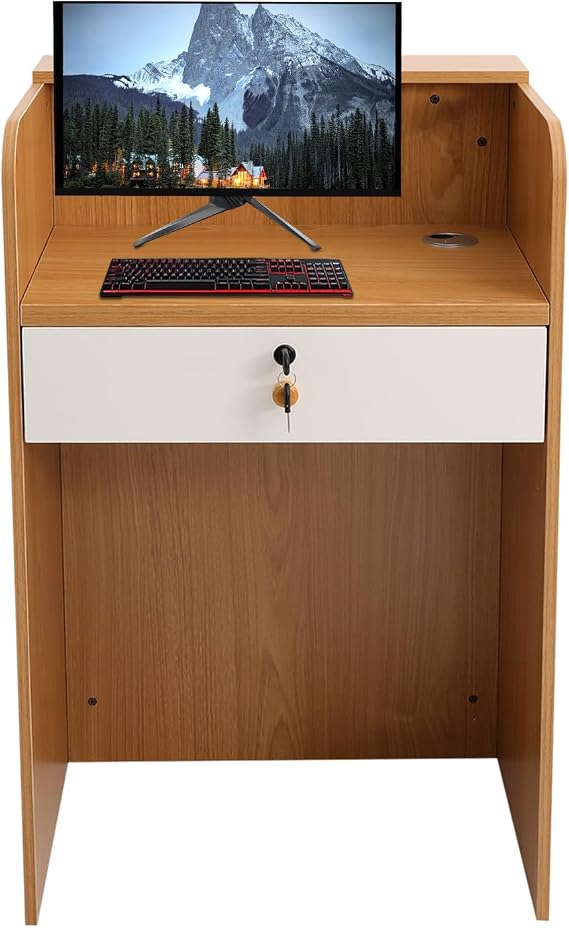 Modern Reception Desk with LED Light, Front Desk Reception Counter with LED Light & Lockable Drawer, Small Front Desks for Checkout, Lobbies,Receptions Room, Oak Color