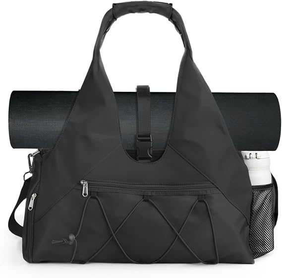 Gym Bag For Women With Yoga Mat Holder, Black | Shoe Compartment, Wet Dry Storage Pocket, Removable Shoulder Strap, Lightweight & Water Resistant