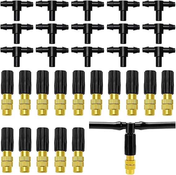 VooGenzek 15 PCS Adjustable Brass Misting Spray, Atomizing Sprinklers, Copper Atomizing Nozzle, with 15 Tee Irrigation Misting Drip Kit, for Garden Watering Greenhouse Seedlings Irrigation