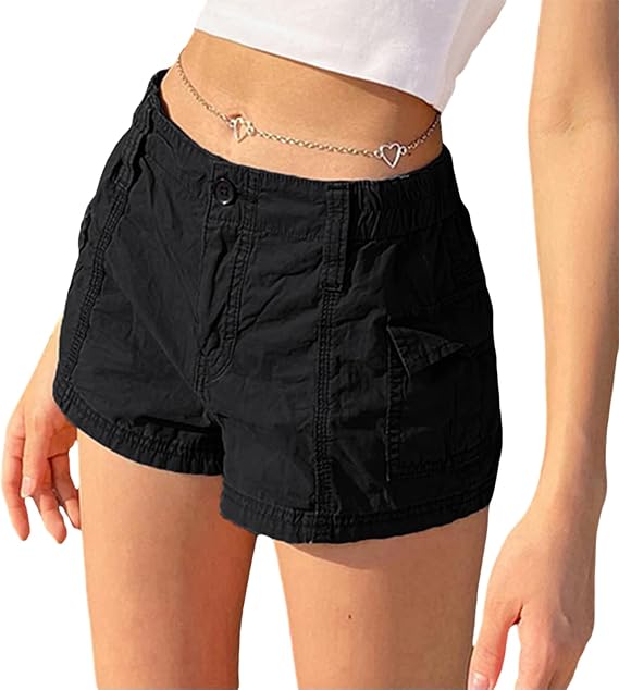 Women's Cargo Shorts with Elastic Waist, Low Rise, Pockets - Y2k Egirls Slim Fitted Vintage Harajuku Streetwear