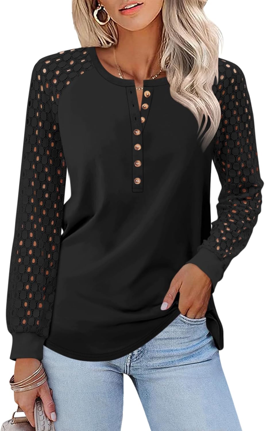 Minetom Womens Lace Long Sleeve Tops Henley Shirts Casual Blouses T Shirts Fall Clothes