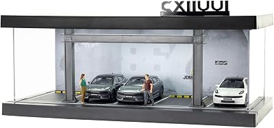 Display Case 164 Scale Diecast Parking Garage Moldel 1-Tires LED Light Model Car Show Case 5 Parking Spaces with Full Acrylic Cover Grey