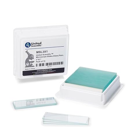 United ScientificTM Microscope Slides, Pre-Cleaned Glass 3"x1", 72 Pack | Ground edges, Ready-to-use surface, 1mm to 1.2mm thickness, Secure packaging, Glass slides for microscope