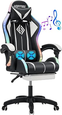 HOFFREE Gaming Chair Massage with Bluetooth Speakers Ergonomic Computer Gaming Chair with LED RGB Lights Footrest High Back Music Video Game Chair with Lumbar Support White and Black
