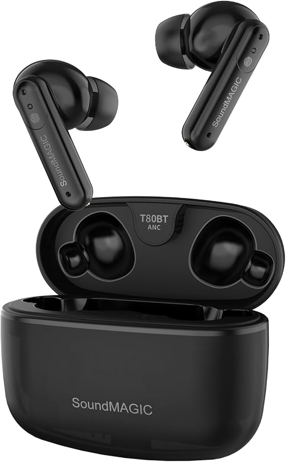 SoundMAGIC T80BT True Wireless Earbuds, Hybrid ANC, HiFi, HD Calls, Black | Comfortable noise reduction, Rich layered stereo, Pressure-free wear, 25hr battery, IPX5 Sweatproof, Seamless dual pairing