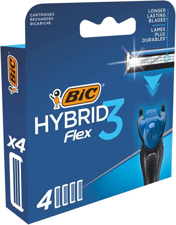 BIC Hybrid 3 Flex Erkek Tıraş Bıçağı 1 Sap ve 4 Yedek Başlık (3 Bıçak), 3 Nano Teknolojik Titanyum Bıçak, E Vitamini ile Zenginleştirilmiş Geniş Kayganlaştırıcı Bant