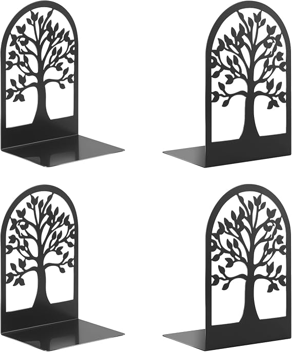 Metal Bookends, Heavy Duty Bookend for Shelves, Tree Book End to Hold Books, Bookend Stopper, Book Supports for Kid, Non-Skid, Black (2 pair/4Pcs) for Office Home Kitchen, Modern Decorative