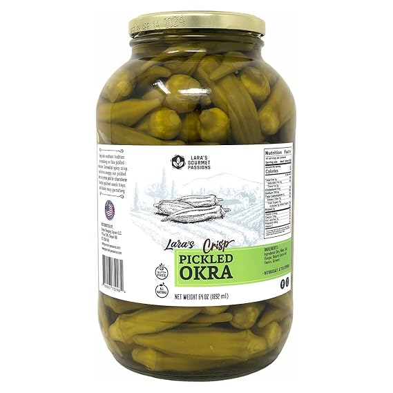 Lara's Crisp Pickled Okra (Pack of 1, 64 oz) Southern Style Mild Okra for Charcuterie Boards, Gourmet Snack Trays, and Garnishes Gluten-Free, All-Natural Okras (1/2 Gallon)
