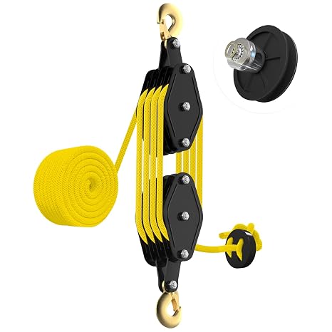 YATOINTO Rope Hoist Pulley System 4400LB, 65FT Pulley Block Tackle(Yellow)