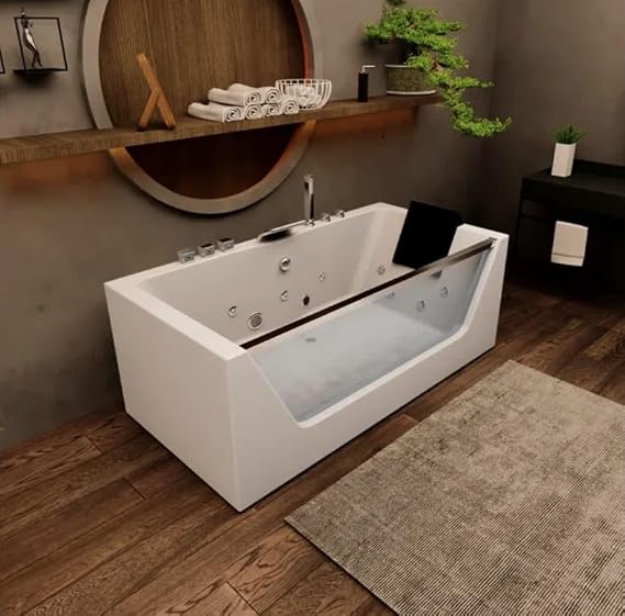 60" Acrylic Freestanding Whirlpool Bathtub Contemporary Soaking Tub Hydro Massage with Center Drain, Chromatherapy, Water Jetted and Air Bubble, Built-in ambient lighting
