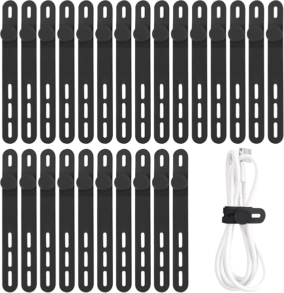 Oligei 25 Pcs Silicone Cable Ties, Cable Ties Reusable, High Elasticity Cord Wraps for Electrical Cords, Cord Organizer for Earphone, Phone Charger(Black)