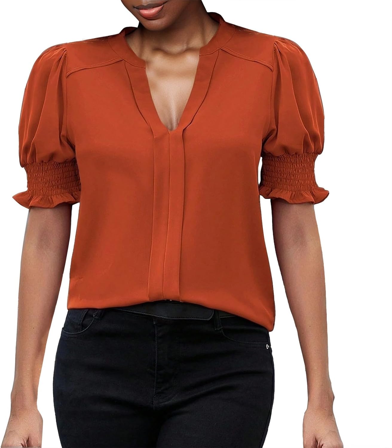 Women Puff Sleeve Shirts Ruffle Short Sleeve V Neck Henley Tops Summer Loose Fit Blouse Juniors Tunics
