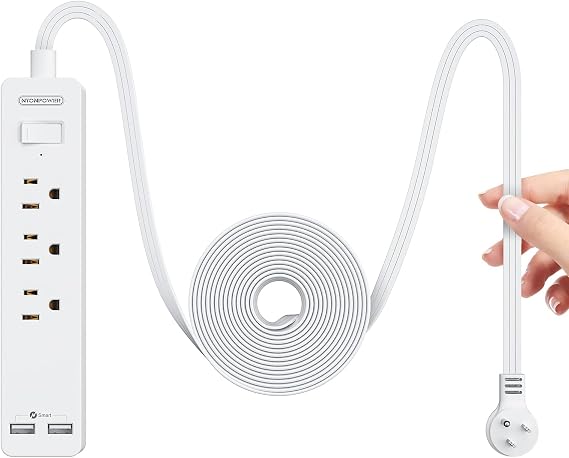 NTONPOWER Extension Cord 10 Ft, Flat Extension Cord Under Carpet, Rug, Door, Flat Plug Power Strip with 3 Outlets 2 USB, Wall Mount, Overload Protection for Indoor Office Home Dorm Room Essentials