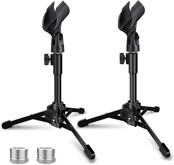 2 Pack Desktop Mic Stand, Portable Foldable Tripod with Mic Clip Holder, Adjustable Microphone Stand For Dynamic Microphone.