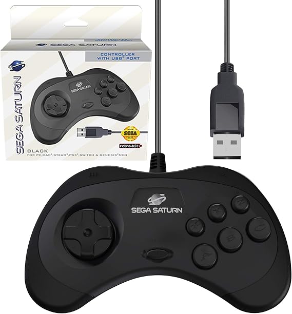 Sega-approved Saturn Game Pad Controller Official Sega Saturn USB Controller 8-Button Arcade Pad Black for PC/Mac/Steam