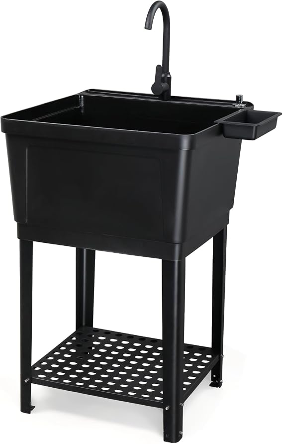 ROVSUN 21-Gallon Plastic Utility Sink, Freestanding Sink with Hot&Cold Faucet, Soap Dispenser, Drain Plug and Iron Legs with Storage shelf, Perfect for Laundry Room, Garage, Black 23.6"23.6"36.2"