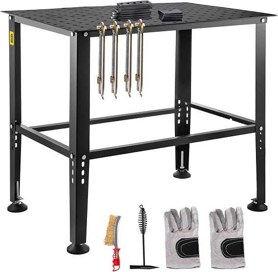 VEVOR Welding Table, 36" x 24" Adjustable Workbench, 0.12" Thick Industrial, 600lb Load Capacity, Heavy Duty Carbon Steel, Gray Steel with Accessories