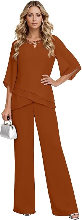 2 Pieces Mother of The Bride Pant Suits with Short Sleeves Chiffon Formal Grandmother Pantsuit Outfits for Wedding