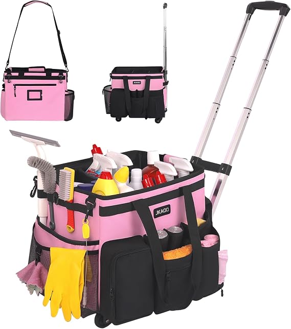 JKAOO Large Rolling Cleaning Caddy Bag with Detachable Trolley, Pink | Waterproof Cleaning Caddy with Wheels, 40L Wheeled Organizer Cart for Supplies, Housekeepers, Home, Office, Car, Picnic
