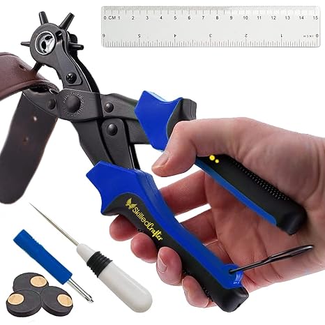 Leather Hole Punch & Belt Hole Puncher Easily Punches Perfect Round Holes. Bonus Ruler & Awl Tool. Leather Craft Tool for Watch or Bag Strap, Fabric, Eyelet - Precision Crafting & Professional Results