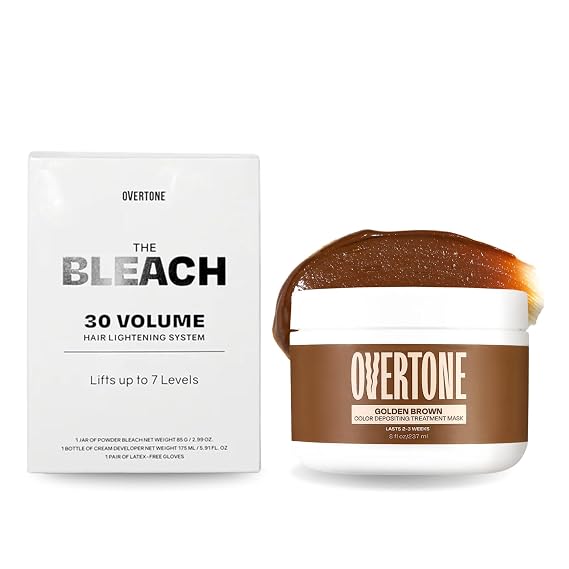 OVERTONE Semi Permanent Hair Color with Bleach, Golden Brown, 8 oz | For Natural & Color-Treated Hair, The Bleach 30 Volume Hair Lightening Kit, Professional-Grade Included