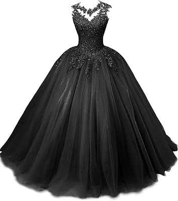 Princess Lace Quinceanera Dresses Long Tulle Quinceanera Party Prom Ball Gown for Girls Black 0