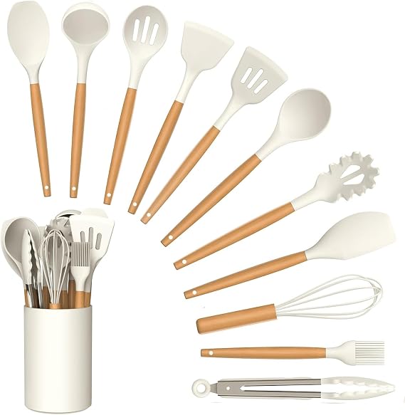 Kitchen Utensil Set, 12 PCS Silicone Cooking Utensils Set with Wooden Handle, Heat Resistant, Nonstick Cookware Tongs Spatula Spoon Set, Dishwasher Safe, Best Kitchen Tools (Cream)
