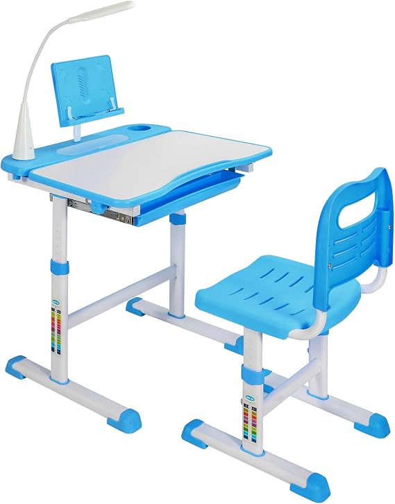 RedSwing Kids Study Desk and Chair Set, Height Adjustable Children School Table Chair with Storage Drawer, Led Light, Bookstand, Cup Holder, Bithday Gift for 3-15 Years Boy and Girl, Blue