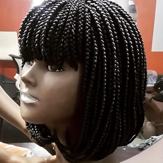 Knotless Braided Wigs for Black Women Heat Resistant Fiber Soft Synthetic Short Bob Box Braided Wig with Bangs African American Braided Wigs (Jet Black, 10 inches)