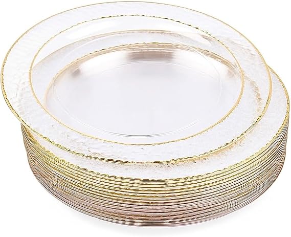 MATANA 20 Premium Clear Plastic Dessert Plates with Gold Rim, 19cm / 7 Inch - Elegant & Reusable Small Side Plates, Starter Plates for Weddings, Birthdays, Picnic, Parties