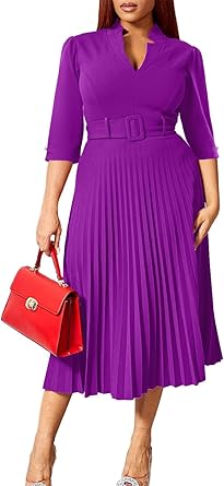 Ekaliy Women's V Neck Business Casual Shirt Dress for Women 3/4 Sleeves Pleated Midi Dresses with Belt