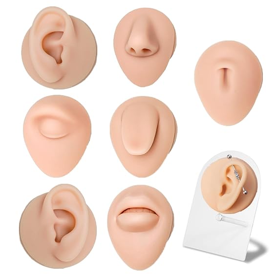 Yuelong 7-Piece Silicone Piercing Practice Kit, Soft Body Parts Model with Display Holder Ear Nose Eye Mouth Tongue Belly Button Model Set for Piercer Practice Jewelry Display Acupuncture Teaching