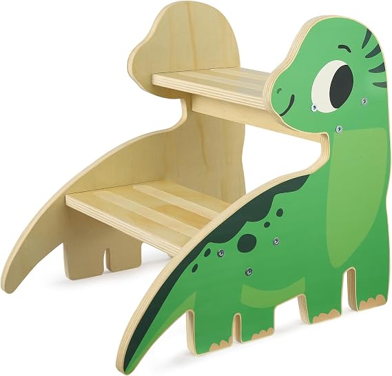 Toddler Step Stool, 2 Step Wooden Step Stool for Toddlers with Non-Slip Base, Cute Printed Design Potty Training Stool for Bathroom Sink, Kitchen & Bedroom(Dinosaur)