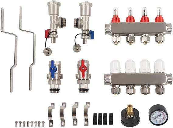 Brilluxa Floor Heating Manifold, 4 Loop G1 304 Stainless Steel Heat Manifold Set, Heating Accessories, Compatible with Heated Hydronic Heating