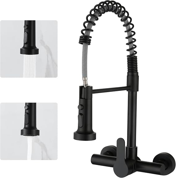 LIWEIKE Kitchen Tap Wall Mount 360° Rotation Wall Mount Kitchen Sink Mixer Tap with 2 Jet Types Pull Down Sprayer Wall Mounted Tap,Matte Black