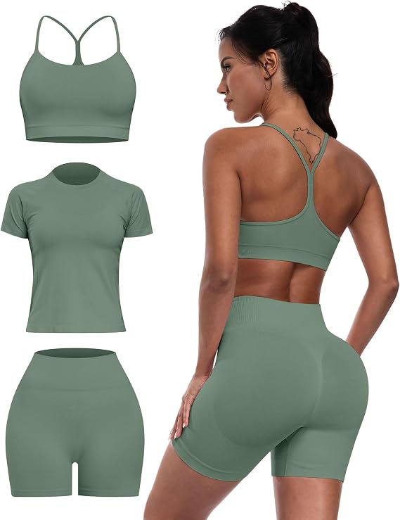 Women 3 Piece Workout Sets Seamless Running Tops Athletic Gym Yoga Short Y Back Sports Bras Outfits