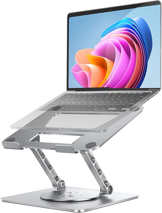 Rotating Laptop Stand, 360 Angle Swivel, Height Adjustable for Neck/Shoulder Health, Solid Aluminum Base, Fits 10"-17" Laptop & Tablet (Silver)